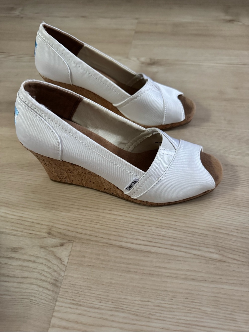 Toms White Canvas Peep-Toe Cork Wedge Sandals